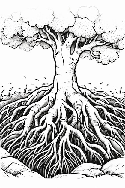 a drawing of a tree with roots in the ground generative ai