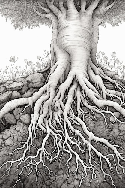 a drawing of a tree with roots growing out of it generative ai