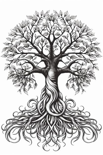 Foto un disegno di un albero con radici e foglie generative ai