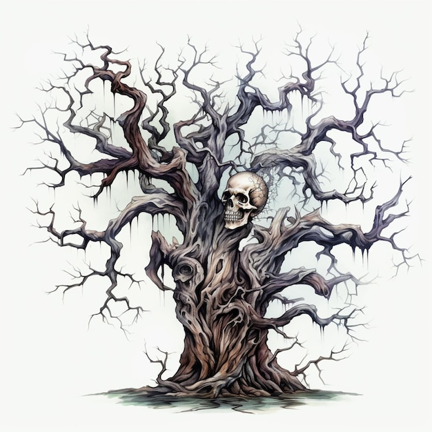 A drawing of a tree with a skull on it generative ai