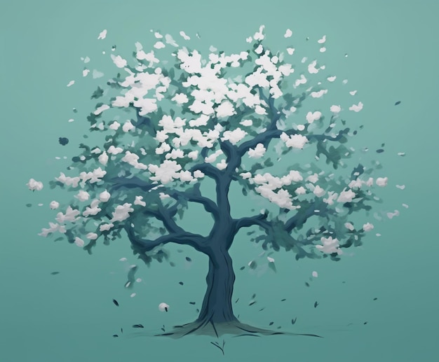 A drawing of a tree with white flowers on it