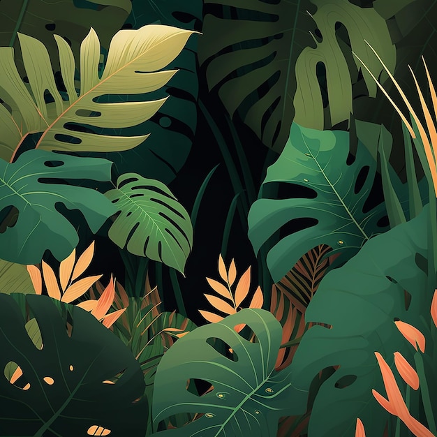 A drawing of a tropical forest with a green background and a leaf that says jungle
