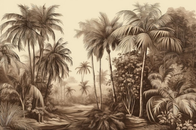 A drawing of a tropical scene with palm trees generative AI