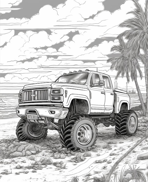 Photo a drawing of a truck driving on a beach with palm trees generative ai