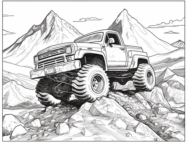 a drawing of a truck driving on rocks in the mountains generative ai
