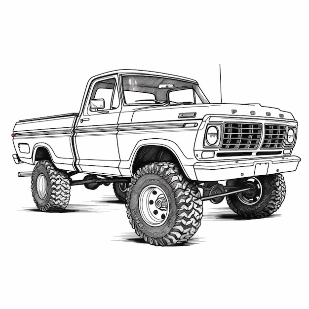 A drawing of a truck with a big tire on it generative ai