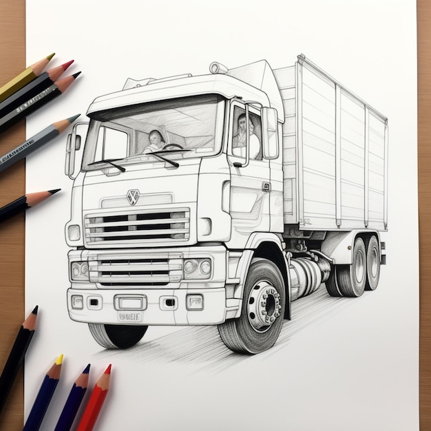 Photo drawing of a truck with pencils on a table generative ai