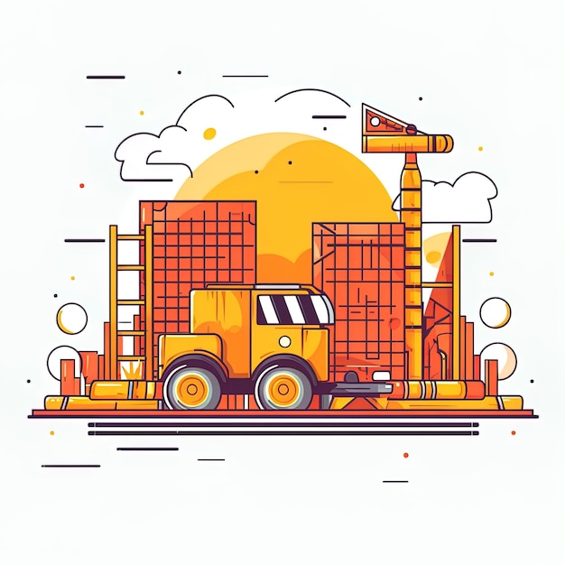 a drawing of a truck with a sun in the background.