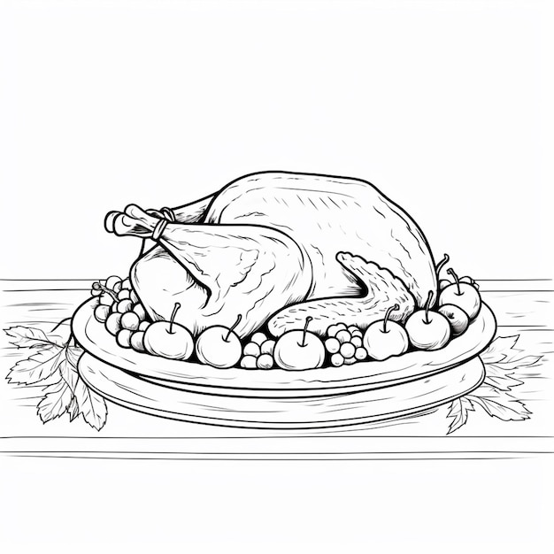 Photo a drawing of a turkey on a plate with apples and leaves generative ai