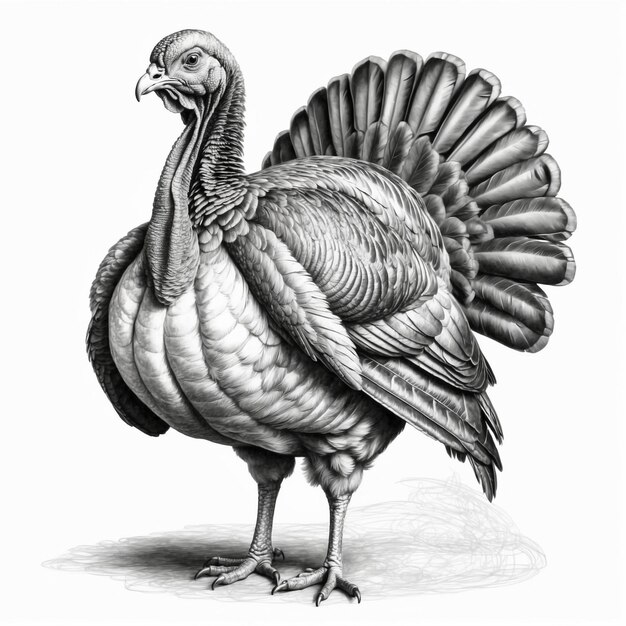 a drawing of a turkey with a black and white background