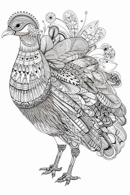 A drawing of a turkey with a flower on the tail.