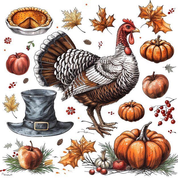 Photo a drawing of a turkey with a hat and a turkey on it