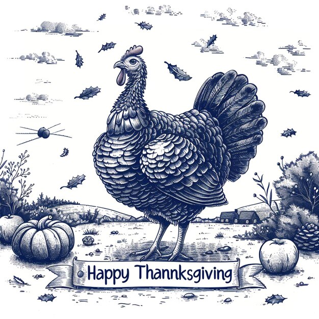 Photo a drawing of a turkey with a label that says happy thanksgiving