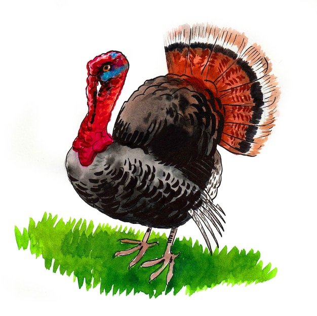 A drawing of a turkey with a red head and blue eyes.