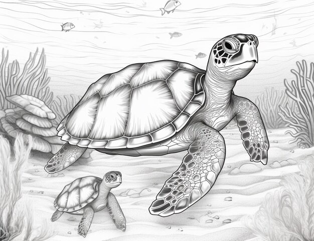 Photo drawing of a turtle and a baby turtle in the ocean generative ai