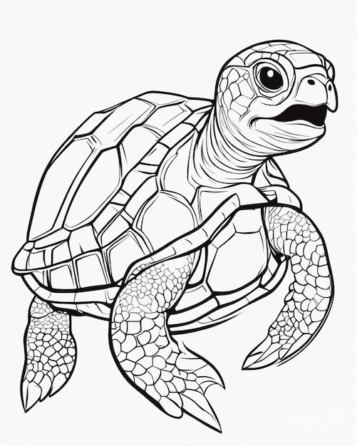 Photo a drawing of a turtle with a black and white background coloring book