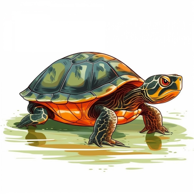 A drawing of a turtle with a red eye and a black and white stripe on the front.