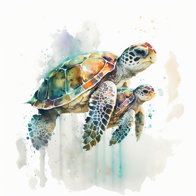 Рисунок черепахи плавают светлый фон краски акварель Generative AI