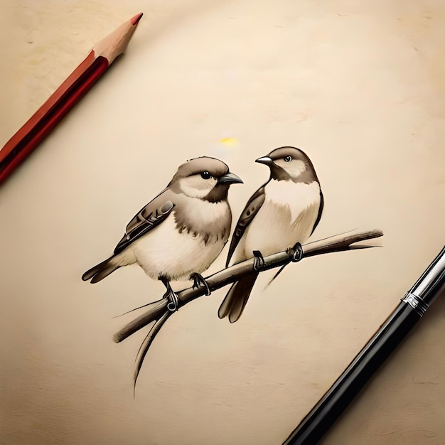 A drawing of two birds on a piece of paper with a red pen.