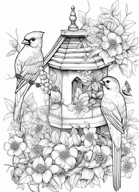 Foto un disegno di due uccelli seduti su una casa per uccelli circondati da fiori