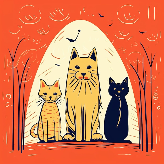 A drawing of two cats and a black cat.