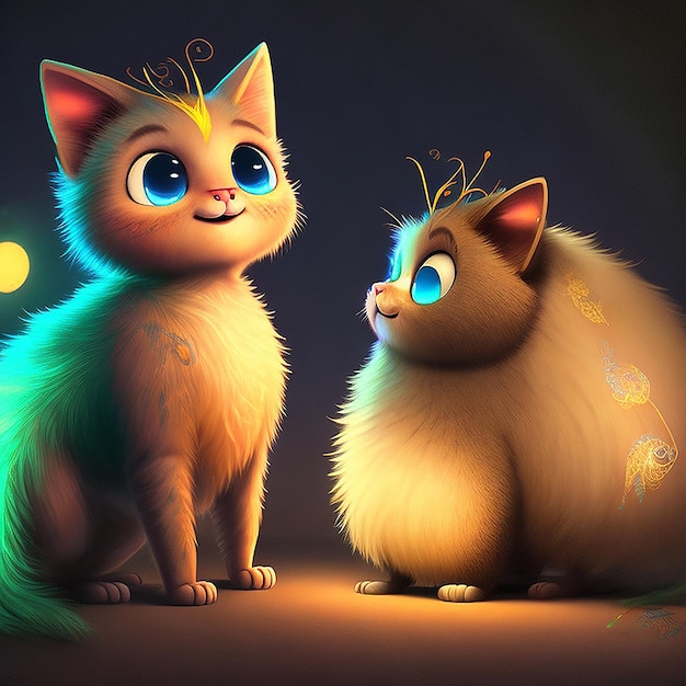 A drawing of two cats with blue eyes and a yellow ball on the bottom.