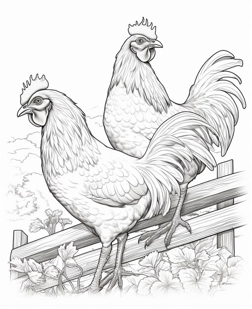 A drawing of two chickens standing on a fence with flowers generative ai