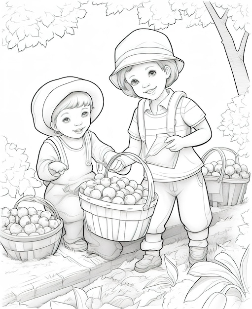A drawing of two children picking apples from a garden.