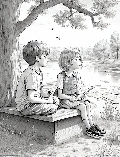A drawing of two children sitting on a bench with a book titled the boy coloring pages for kids