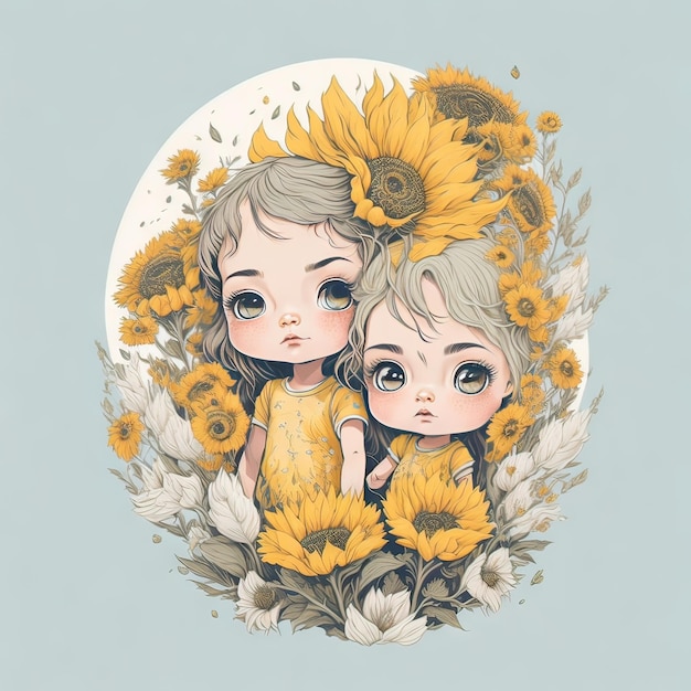 A drawing of two children with yellow flowers on the top of them.