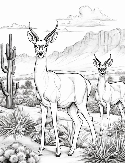 Photo a drawing of two deer in a desert with cactus trees generative ai