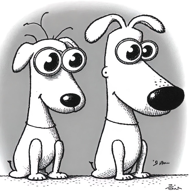 a drawing of two dogs with eyes that say  the word dog