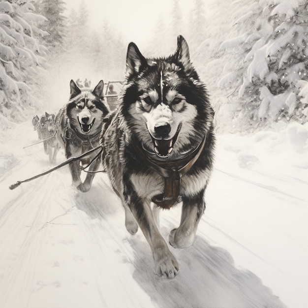 a drawing of two dogs with a sled in the background.