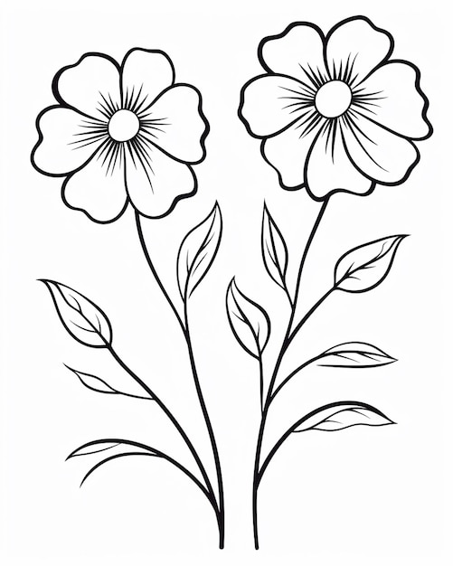 Foto un disegno di due fiori con foglie su uno sfondo bianco ai generativo