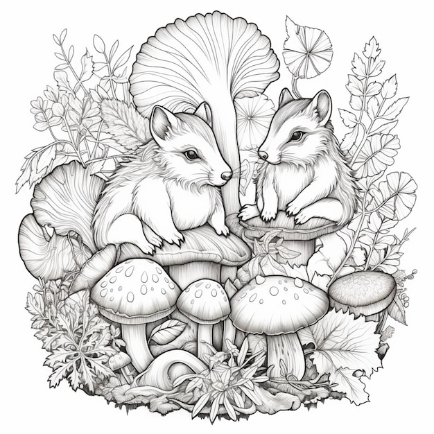 A drawing of two foxes sitting on a mushroom.