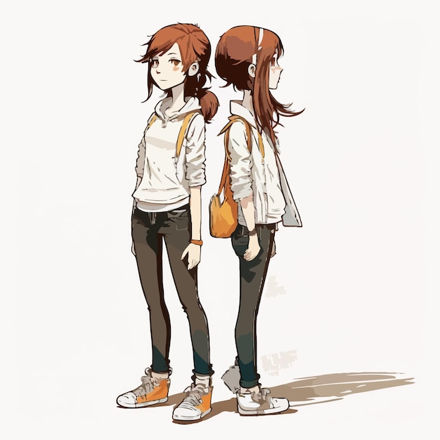 A drawing of two girls with a bag and a bag