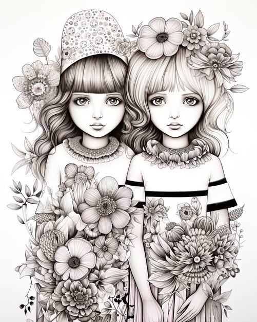 Photo a drawing of two girls with flowers and a picture of a girl