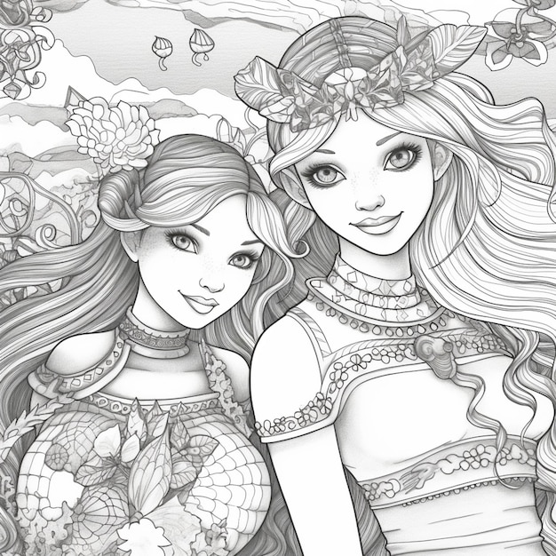 a drawing of two girls with long hair and flowers in their hair generative ai