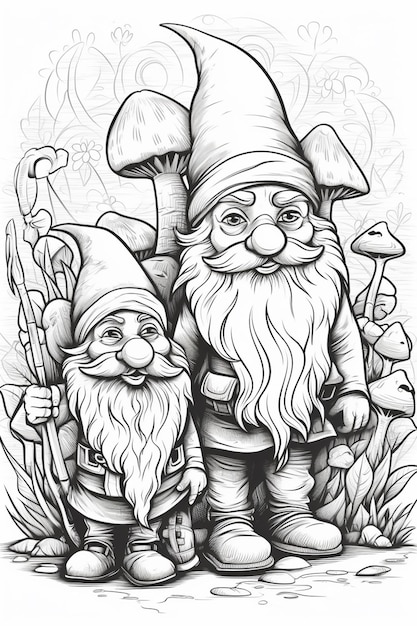 a drawing of two gnomes with mushrooms and mushrooms generative ai