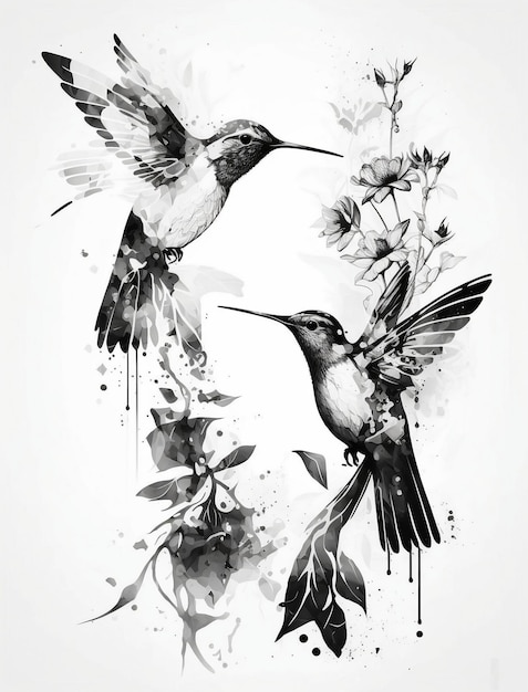 A drawing of two hummingbirds with flowers and leaves.