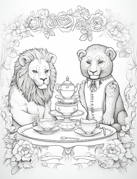 Photo a drawing of two lions and a lion on a table.