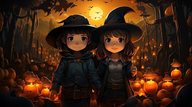 A Drawing of two little brothers dressed up for Halloween with pumpkins and candles