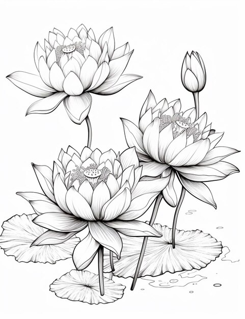 a drawing of two lotus flowers with leaves in the water generative ai