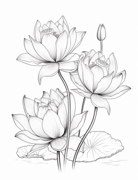 a drawing of two lotus flowers with leaves on a white background generative ai