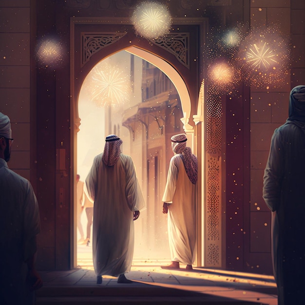 A drawing of two men walking through an arch with a light in the background