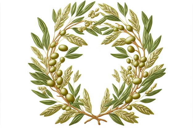Photo drawing of two olive branches folded in shape of wreath on white background