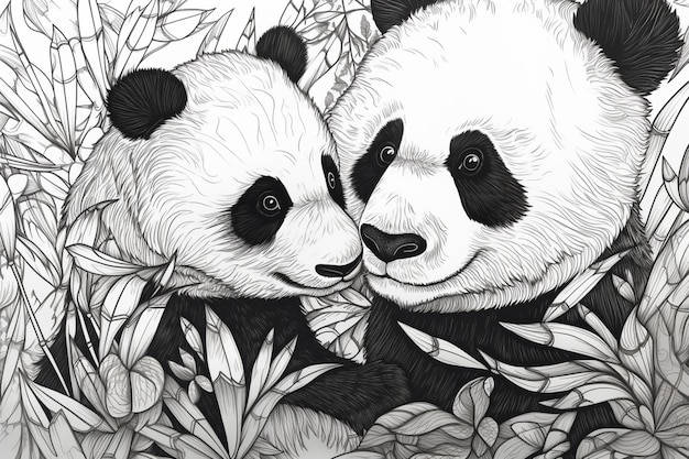 Photo a drawing of two pandas in a bamboo forest.