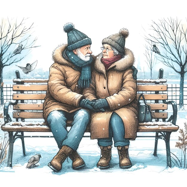 a drawing of two people on a bench