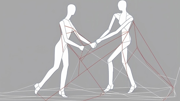 A drawing of two people holding hands with red lines around them.