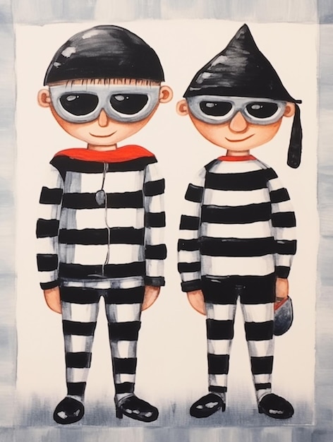 A drawing of two people wearing striped outfits that say'police '